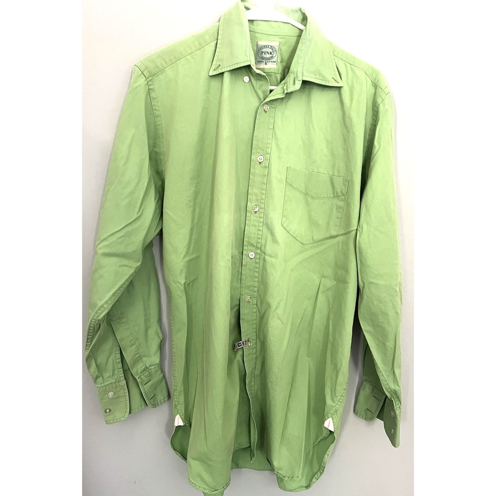 Vtg. Thomas Pink Shirt Mens Small Green Button Dress Classic Pocket 100% Cotton